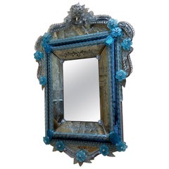 Venetian 1920''s Murano Antique Mirror with Blue Glass Details and Flowers