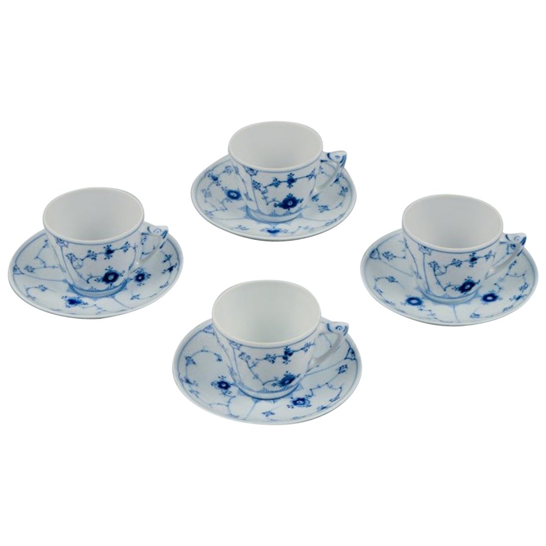 Bing & Grondahl, Denmark, Blue Fluted Plain, Four Coffee Cups with Saucers