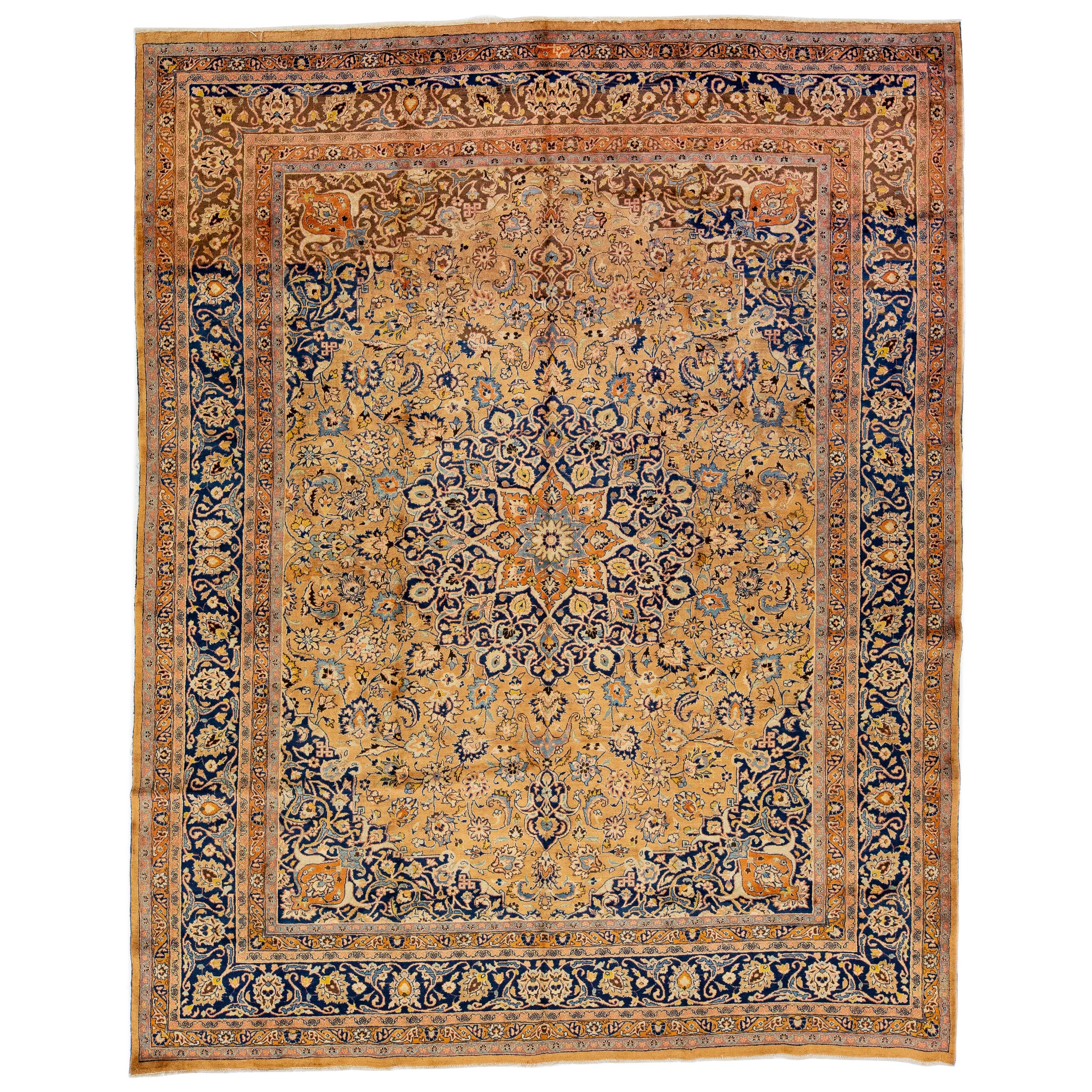 Antique Persian Mashad Handmade Wool Rug with Rosette Motif in Brown Color For Sale
