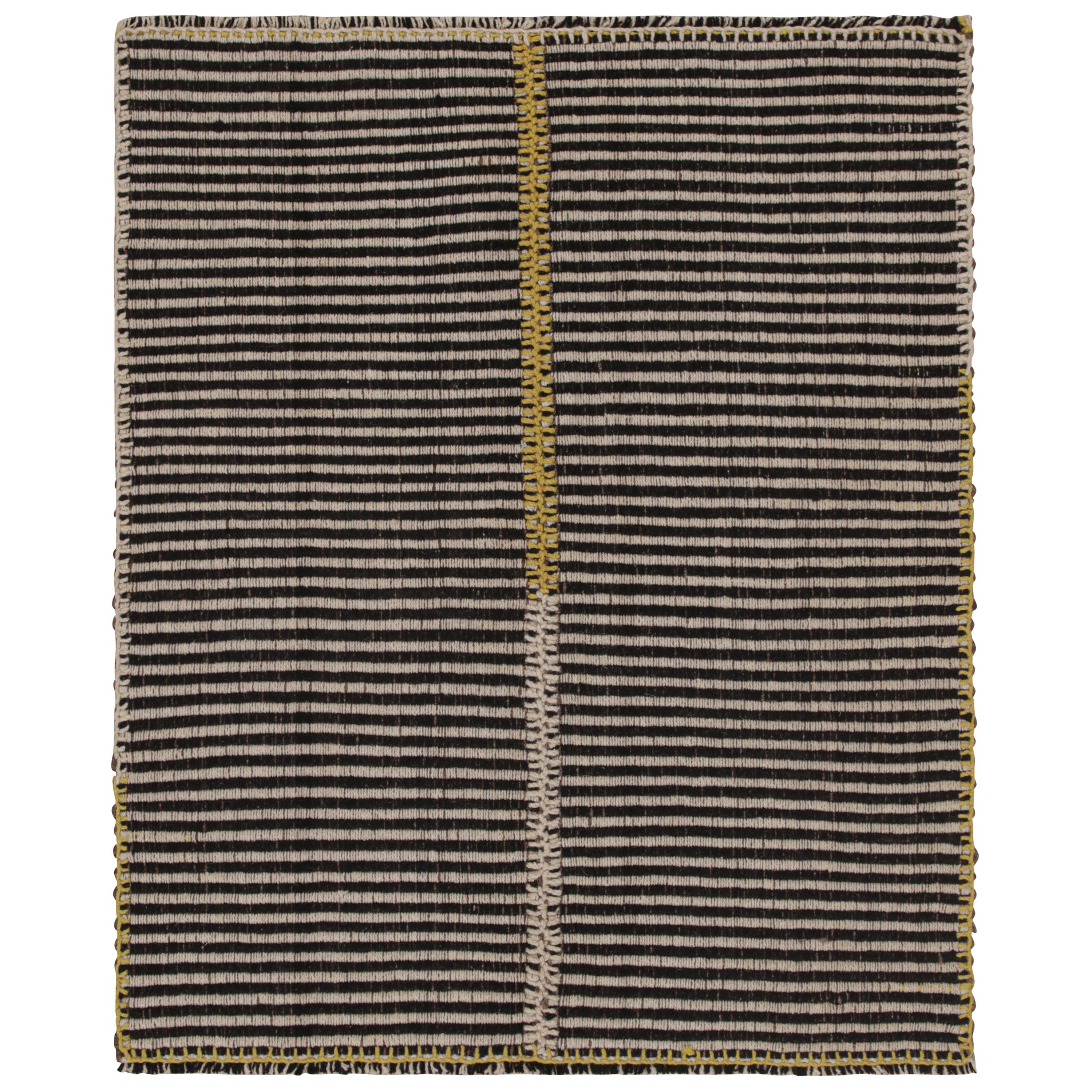 Rug & Kilim’s Contemporary Kilim in with Beige-Brown Stripes and Gold Accents For Sale