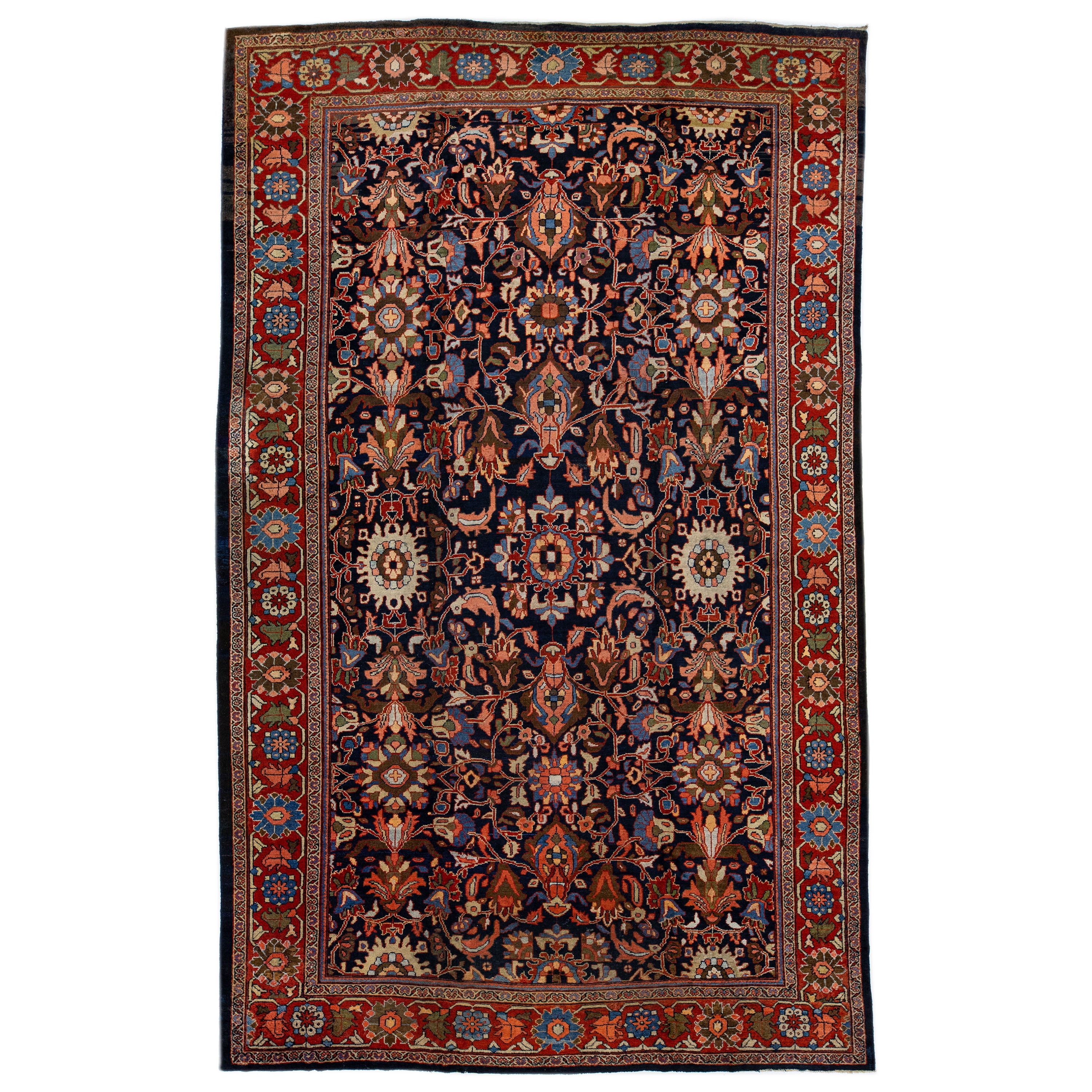 Antique Persian Mahal Wool Rug with Allover Floral Motif in Blue For Sale