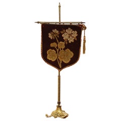 Antique 19th Century English Victorian Needlepoint Heat Shield Screen on Brass Stand