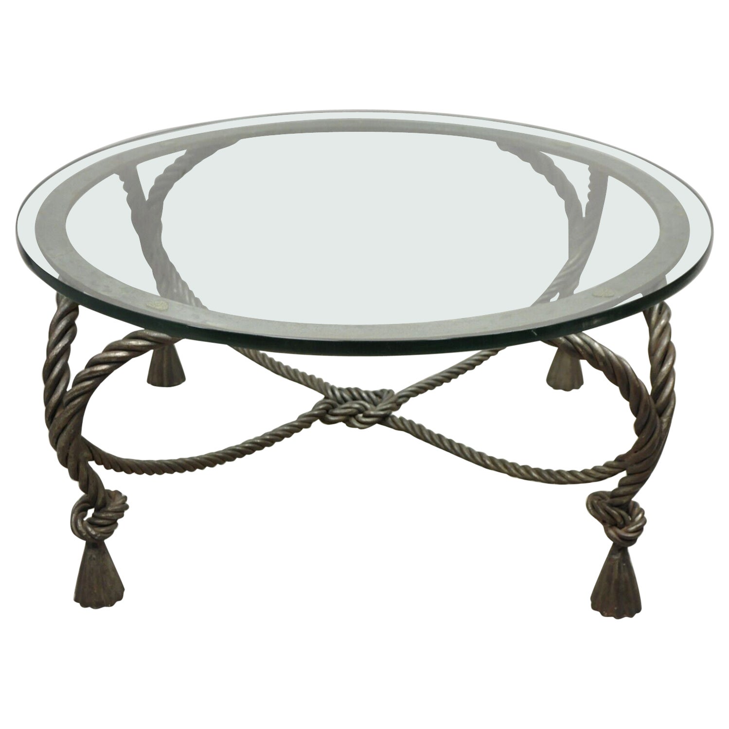 Table basse ronde en verre avec corde nouée et glands, de style Hollywood Regency italien en acier