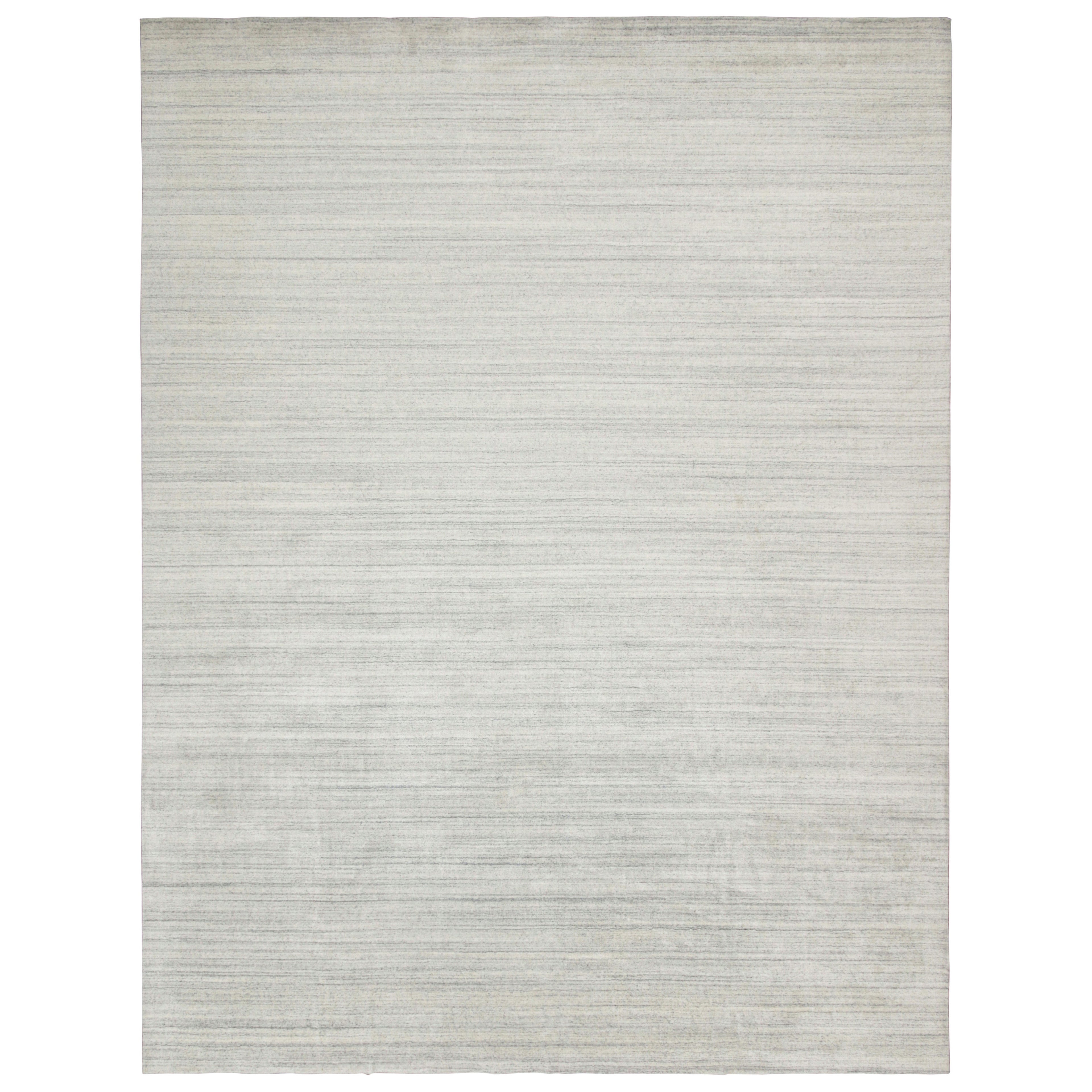 Rug & Kilim’s Contemporary Rug in Textural Silver, Off-White and Blue Striae