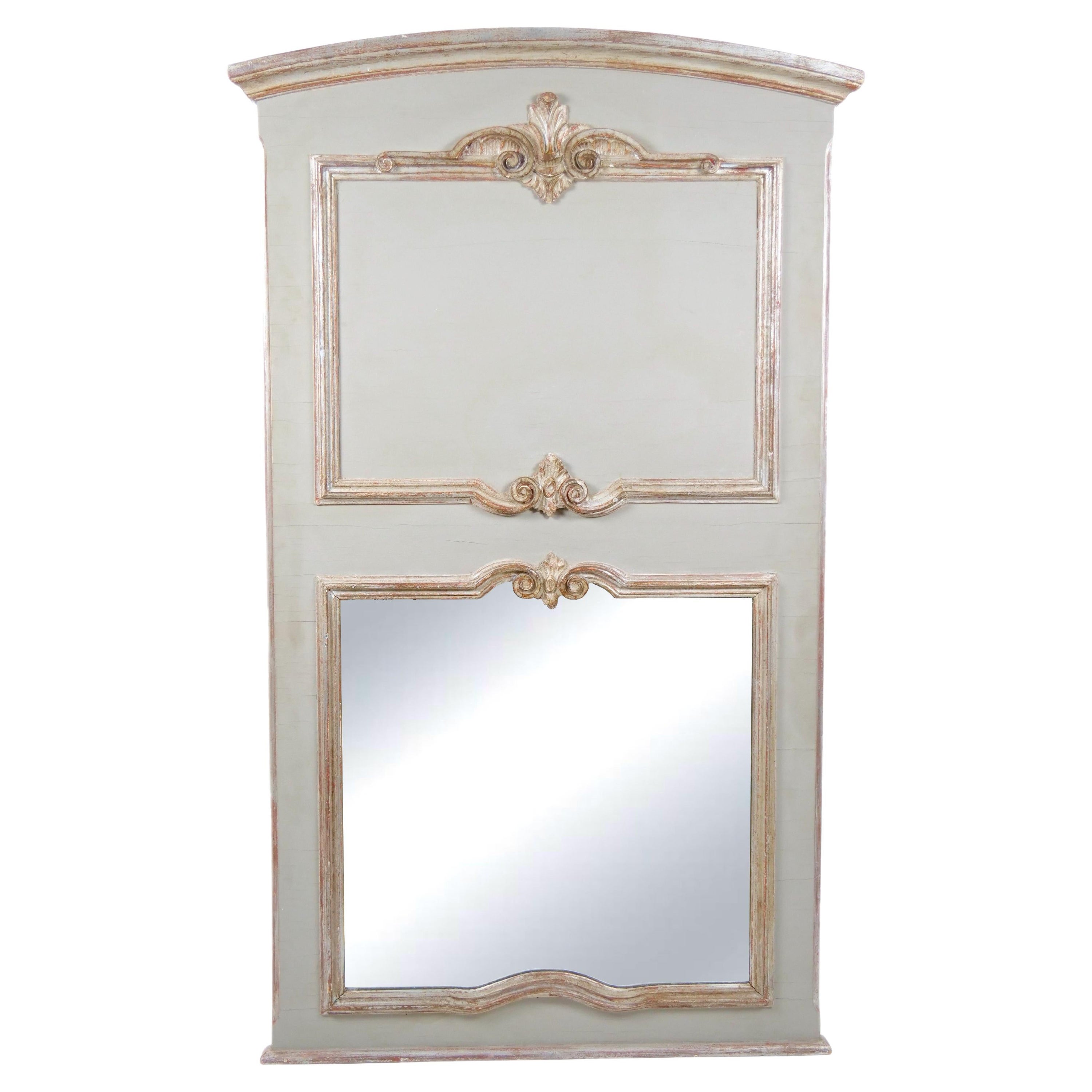 French Silvered Gilt wood Hand-Painted Framed Trumeau Wall Mirror For Sale