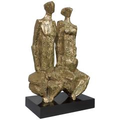 "Jeune Couple" French Modernist Gilt Bronze Sculpture by Jean-Pierre Malaussena
