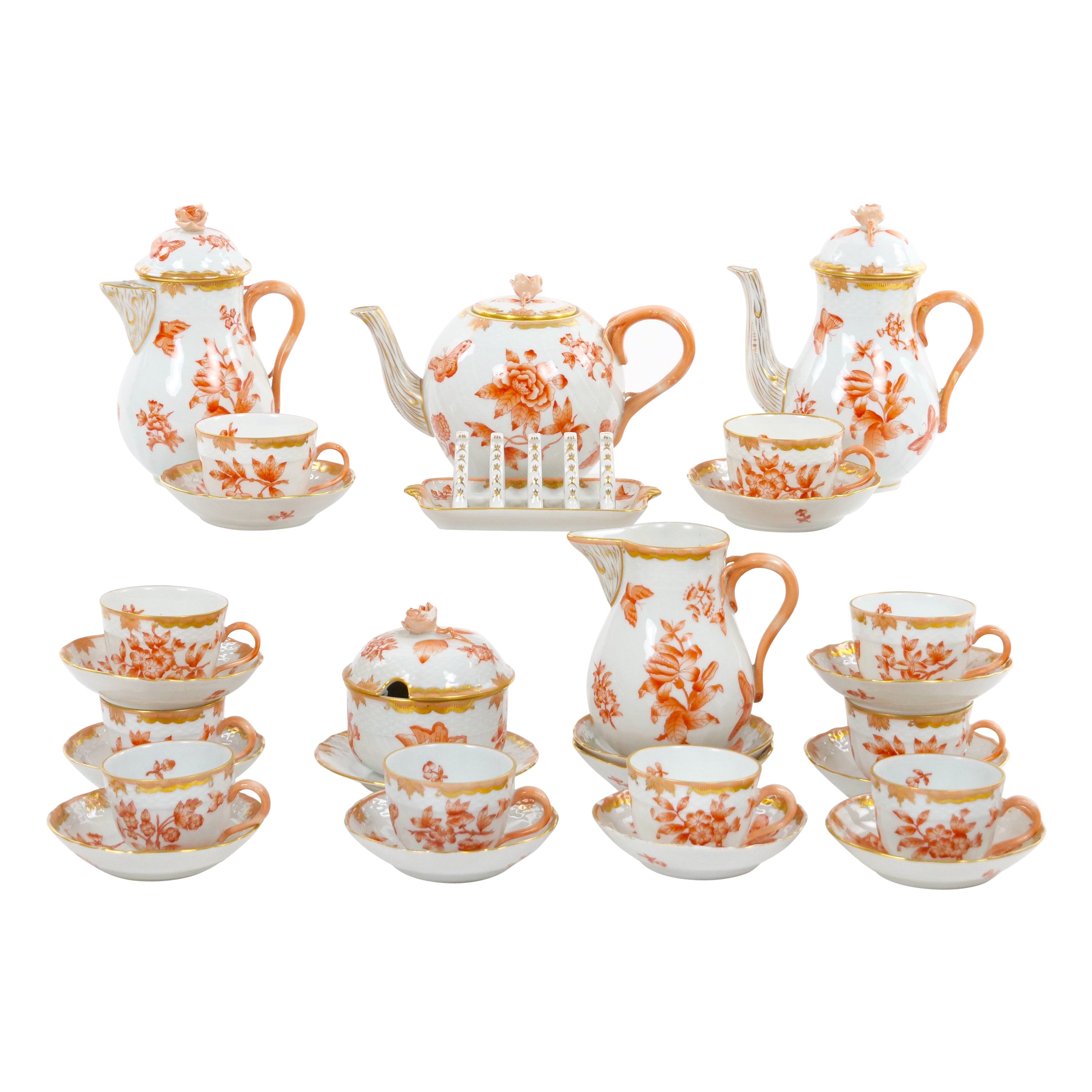 Herend Hand Painted & Gilt Decorated Glazed Porcelain Coffee Set / Ten People For Sale