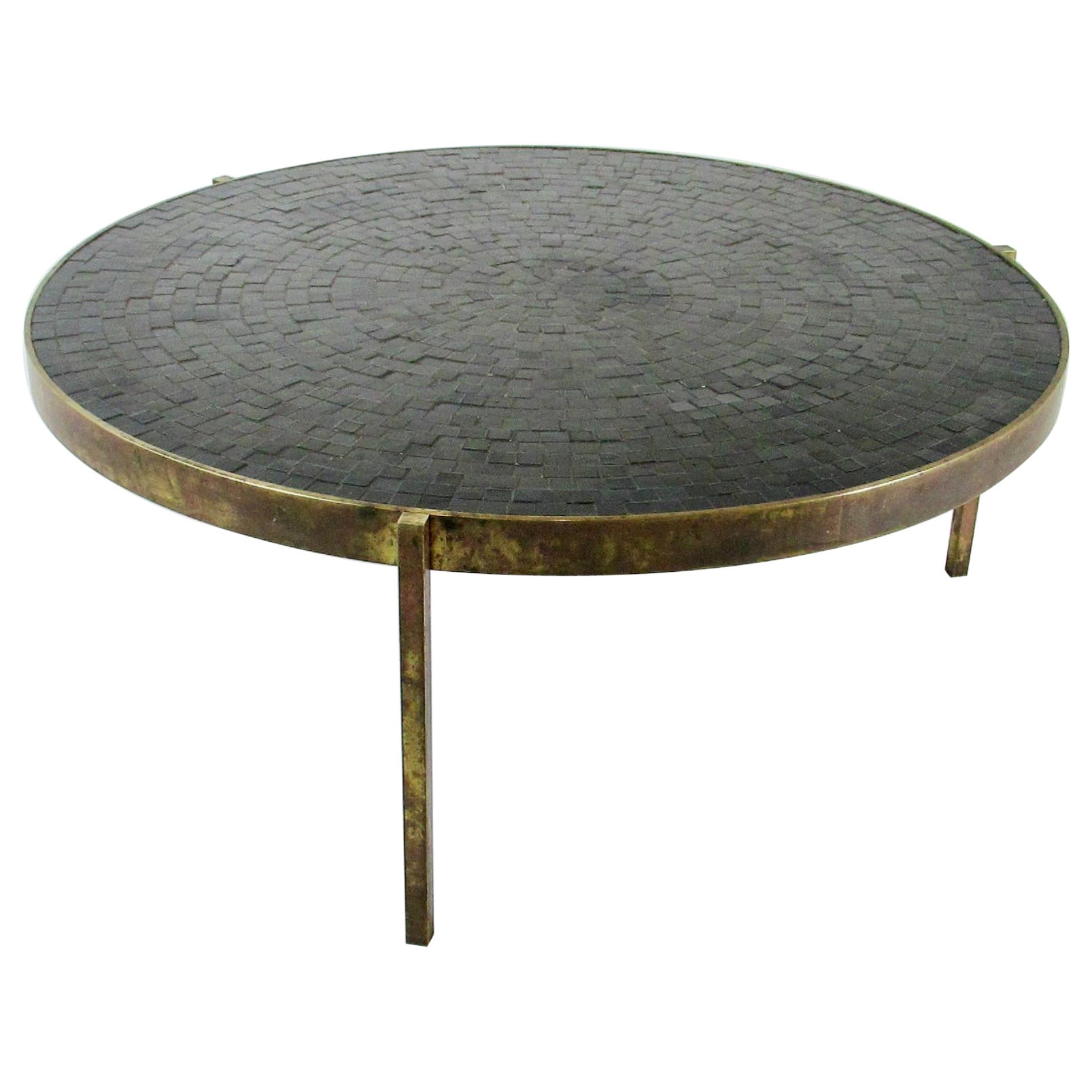 Round Top Bronze Base Cocktail Table with Concentric Design Black Tiles For Sale