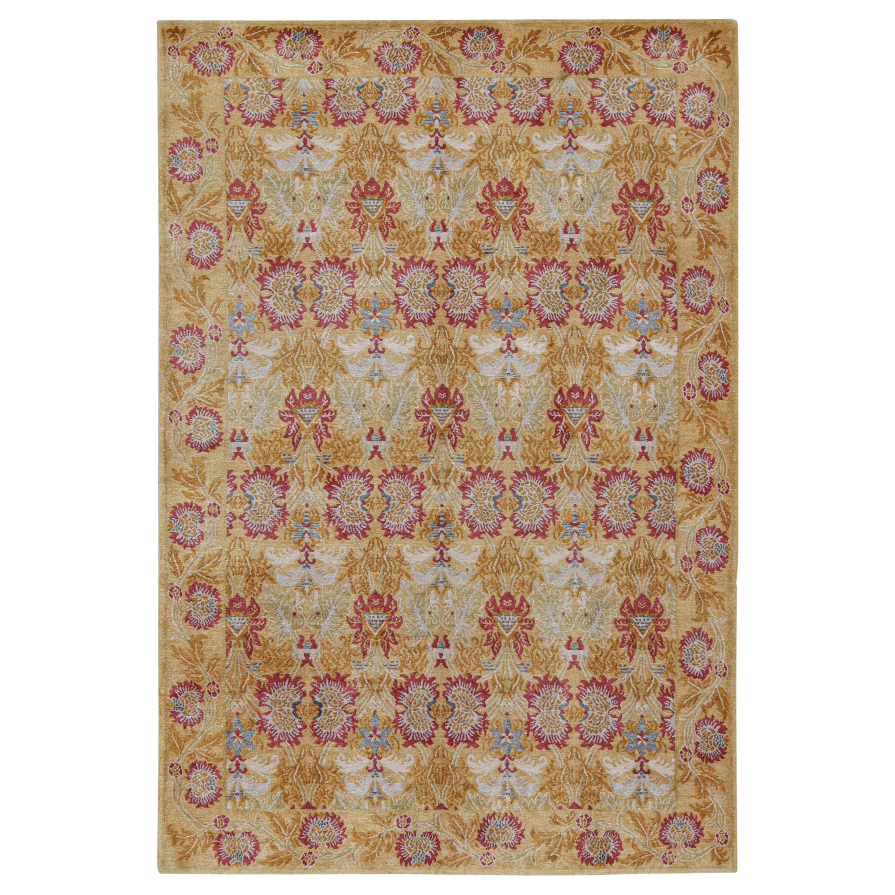 Rug & Kilim’s Spanish European Style Rug in Gold & Red Floral Pattern For Sale