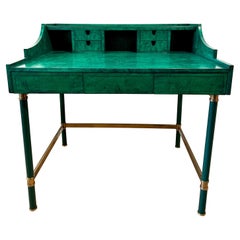 Retro Italian Burl Wood & Brass Desk in Green Malachite Stain
