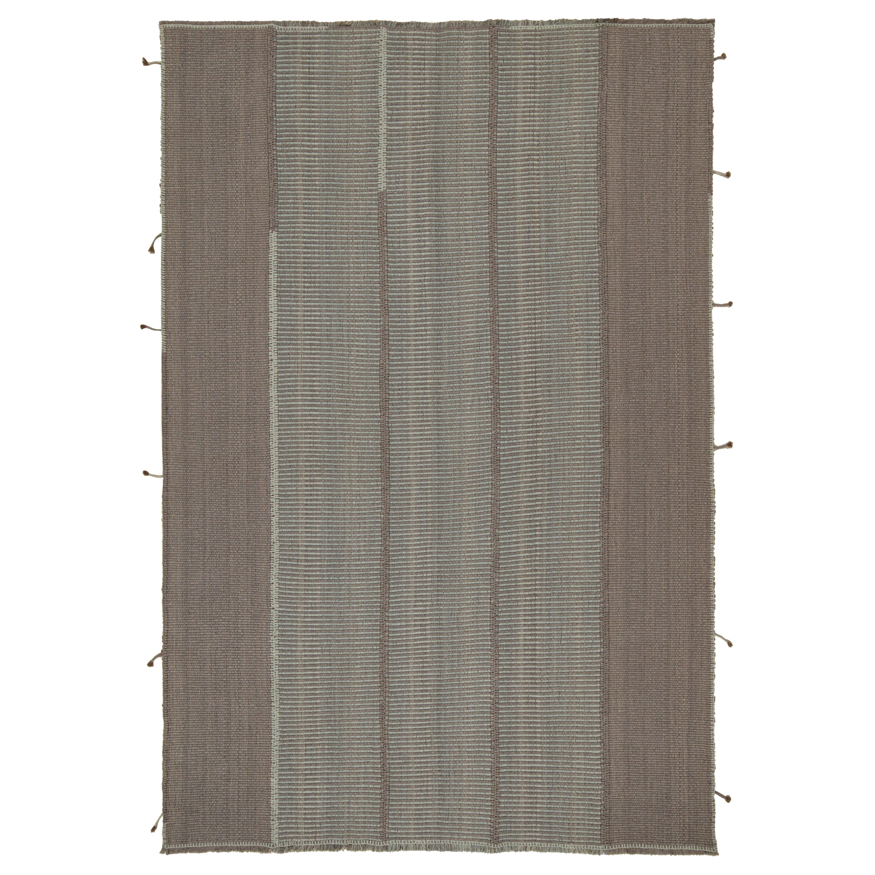 Rug & Kilim’s Contemporary Kilim in Grey and Blue Stripes with Brown Accents
