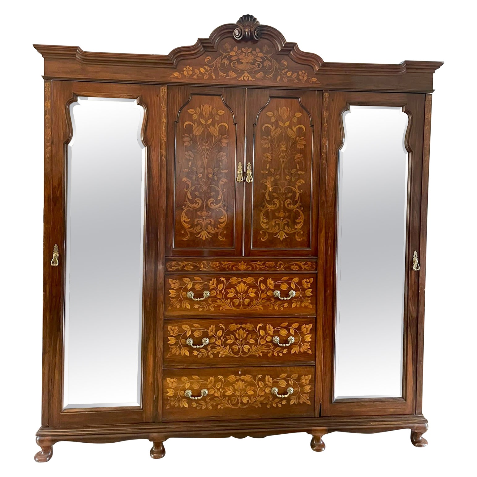 Outstanding Quality Large Antique Figured Walnut Marquetry Inlaid Wardrobe For Sale