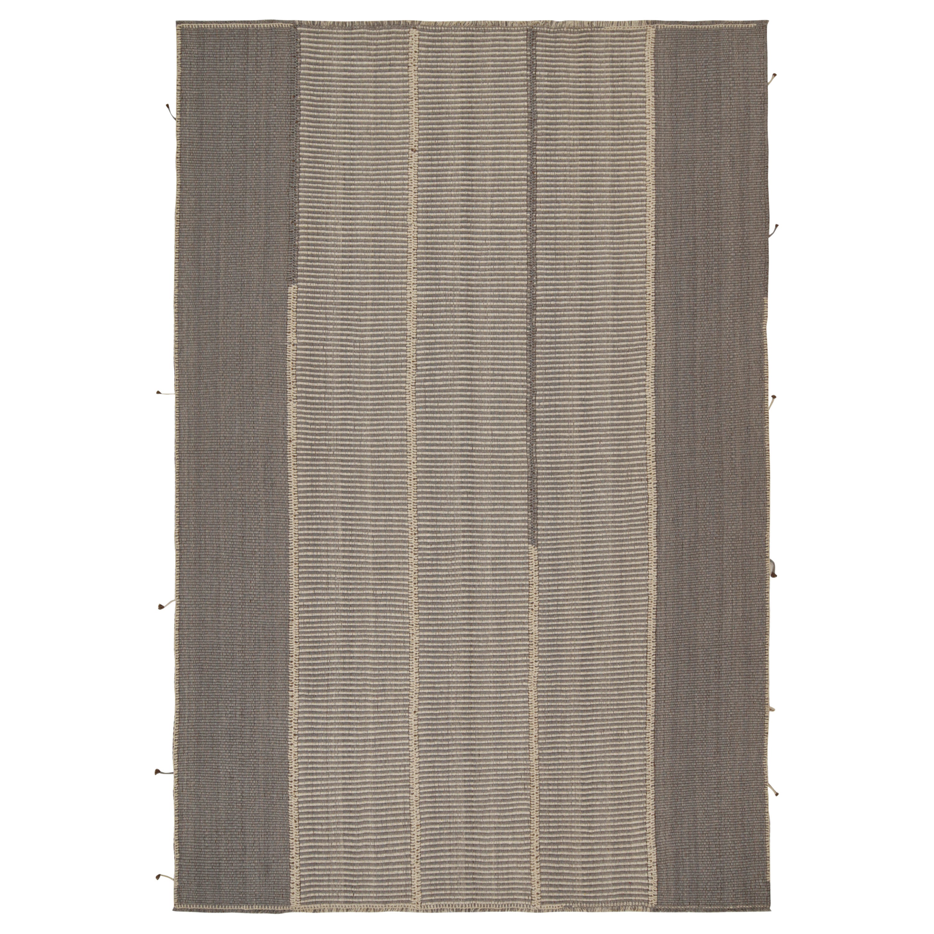 Rug & Kilim’s Contemporary Kilim in Gray and Beige Stripes with Brown Accents For Sale