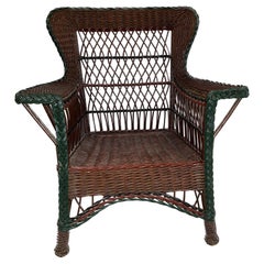 Used Bar Harbor Style Wicker Wing Chair in Natural Finish with Green Trim