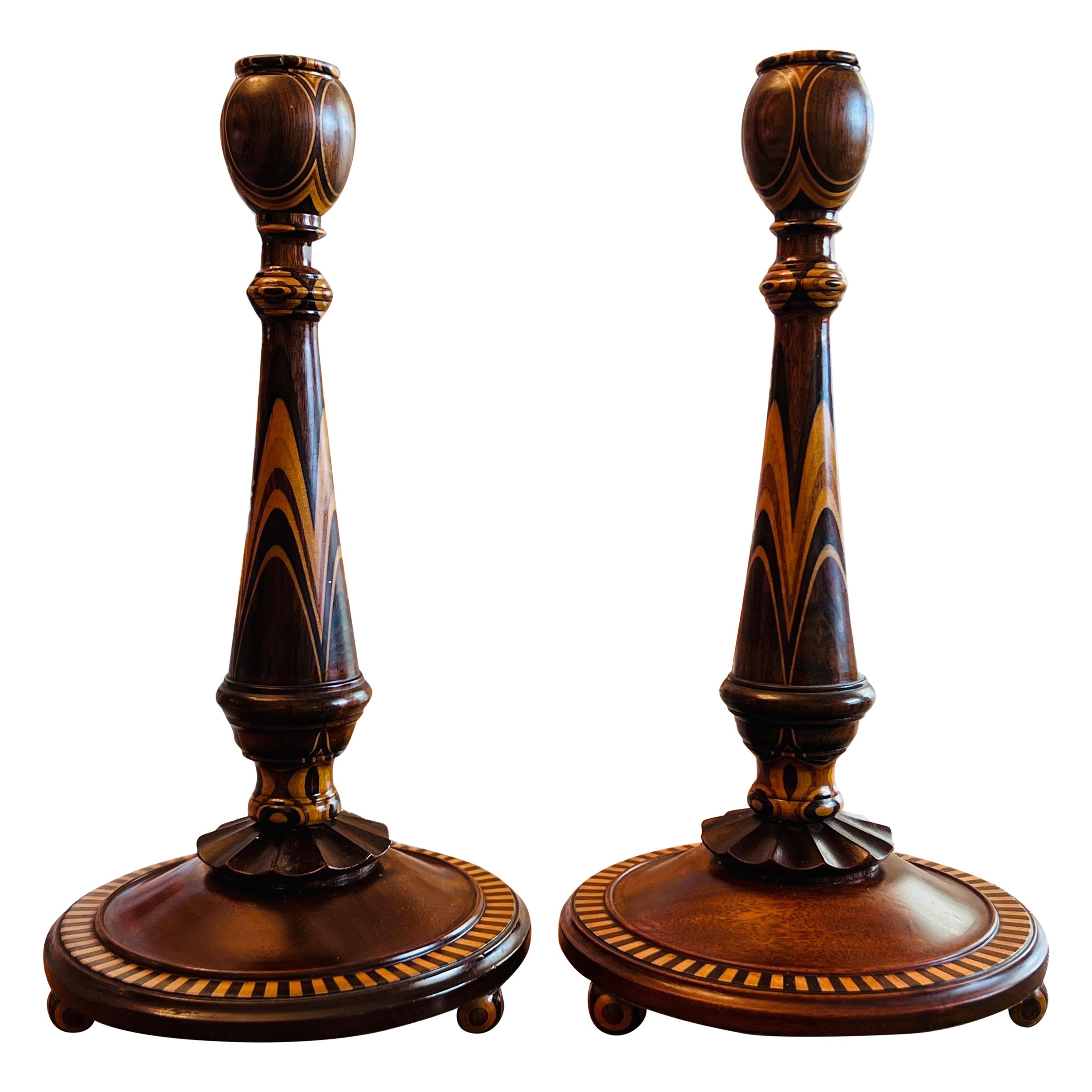 Fine American Turned Walnut & Mixed Marquetry Wood Candlesticks, circa 1925 For Sale