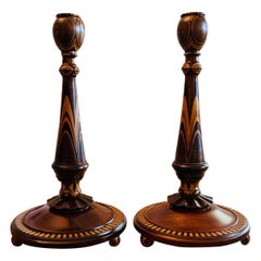 Antique Fine American Turned Walnut & Mixed Marquetry Wood Candlesticks, circa 1925