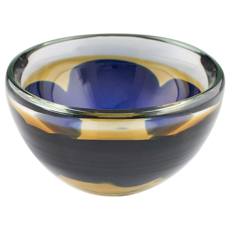 Rare Skrdlovice Yellow and Blue Cased Bowl Designed by Karel Wunsch, 1973 For Sale