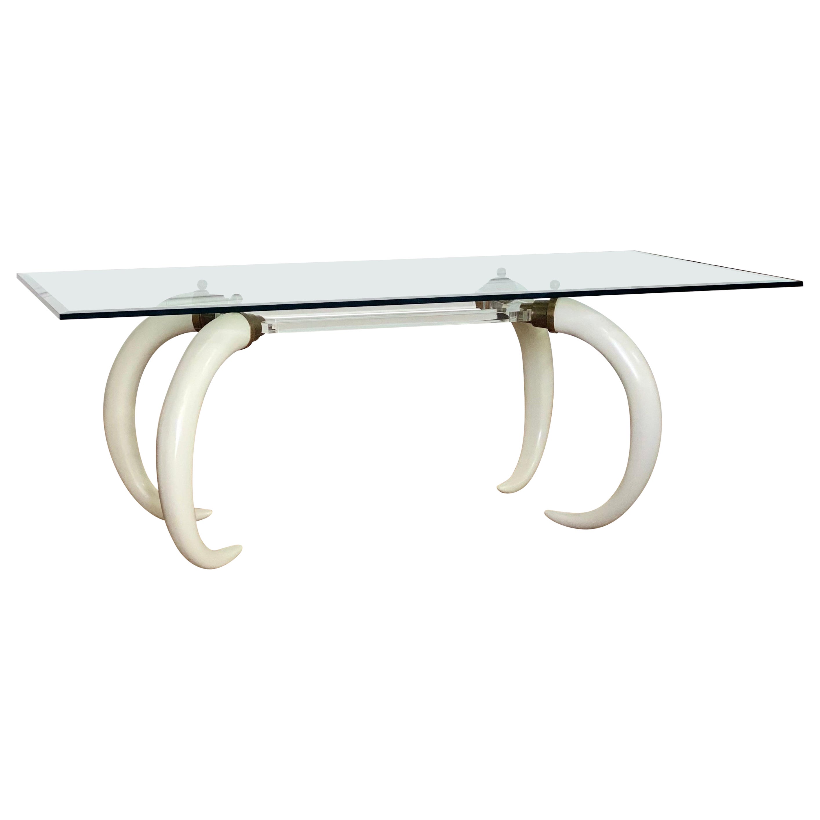 1970s Elephant Faux Tusks Brass Lucite and Glass Rectangular Dining Table