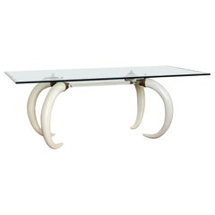 1970 Elephant Faux Tusks Brass Lucite and Glass Rectangular Dining Table