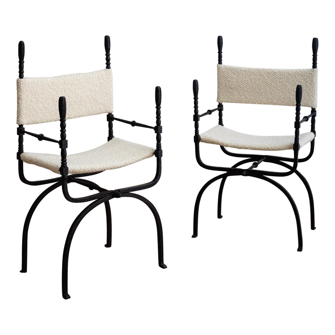 Wrought Iron 'Dagobert' Style Folding Chairs in Bouclé - a Pair