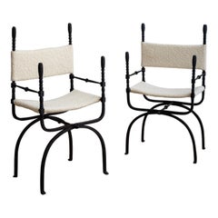 Wrought Iron 'Dagobert' Style Folding Chairs in Bouclé - a Pair