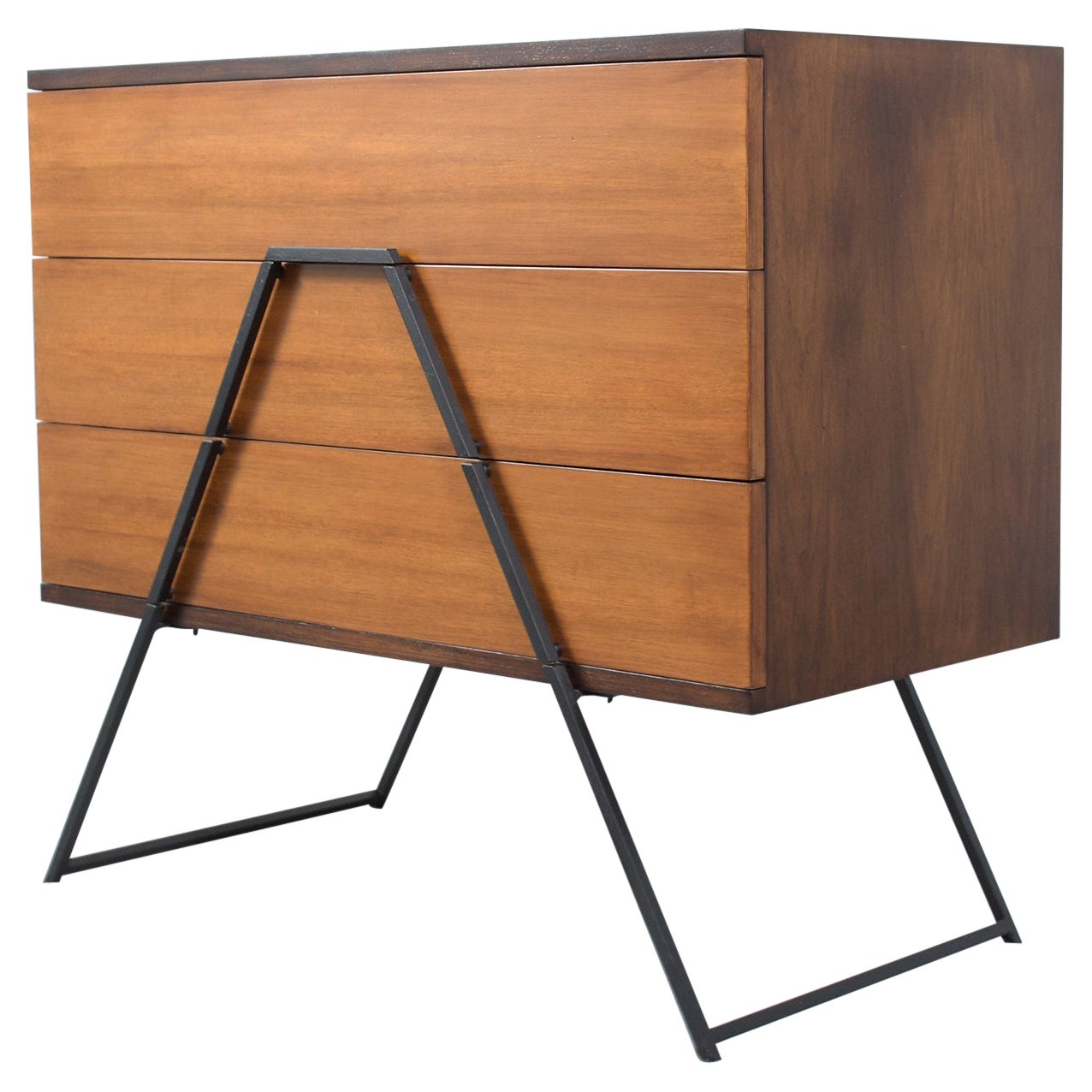 Restored 1960s Mid-Century Modern Wood Chest with Wrought Iron Handles