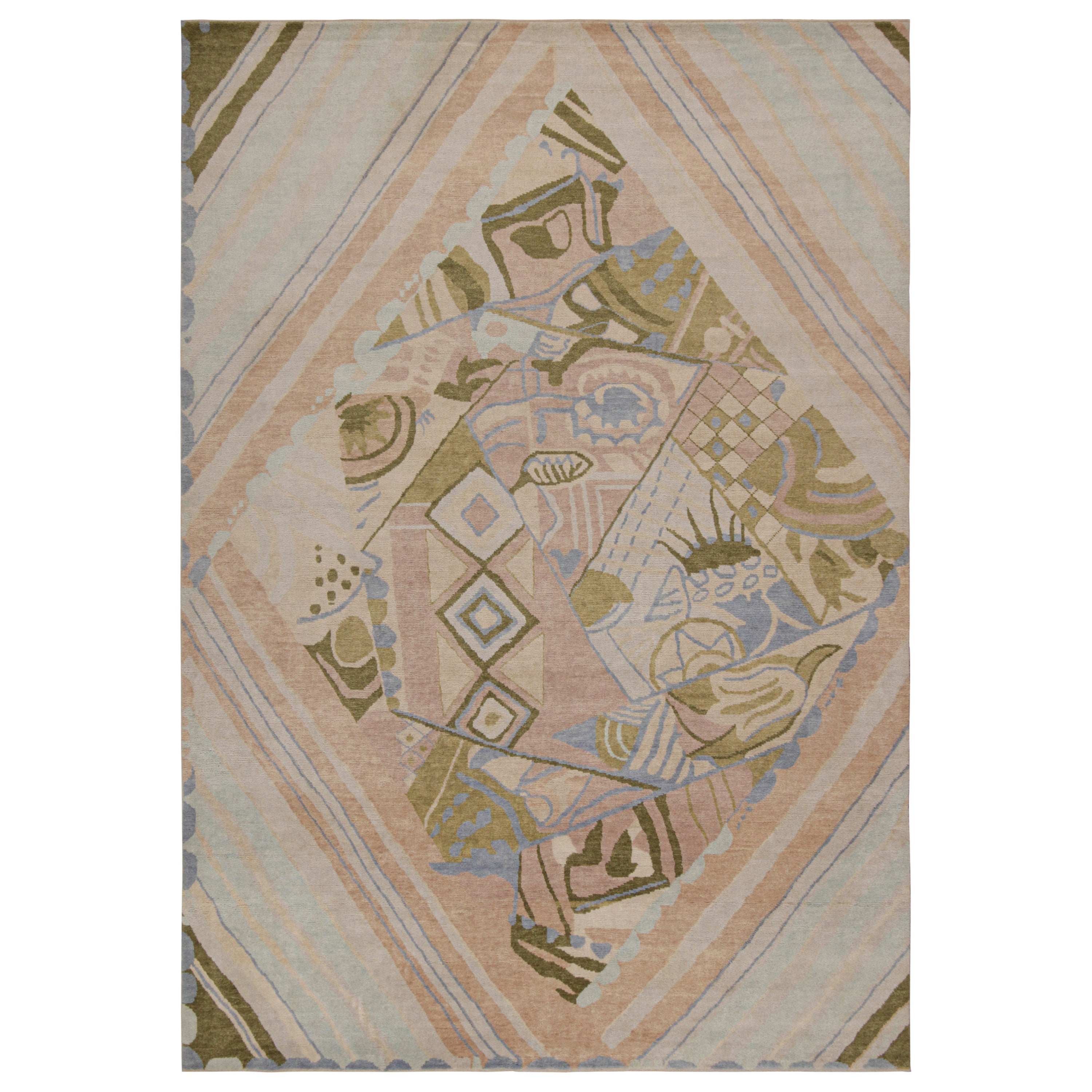 Rug & Kilim’s French Style Art Deco Rug in Brown, Green & Blue Patterns For Sale