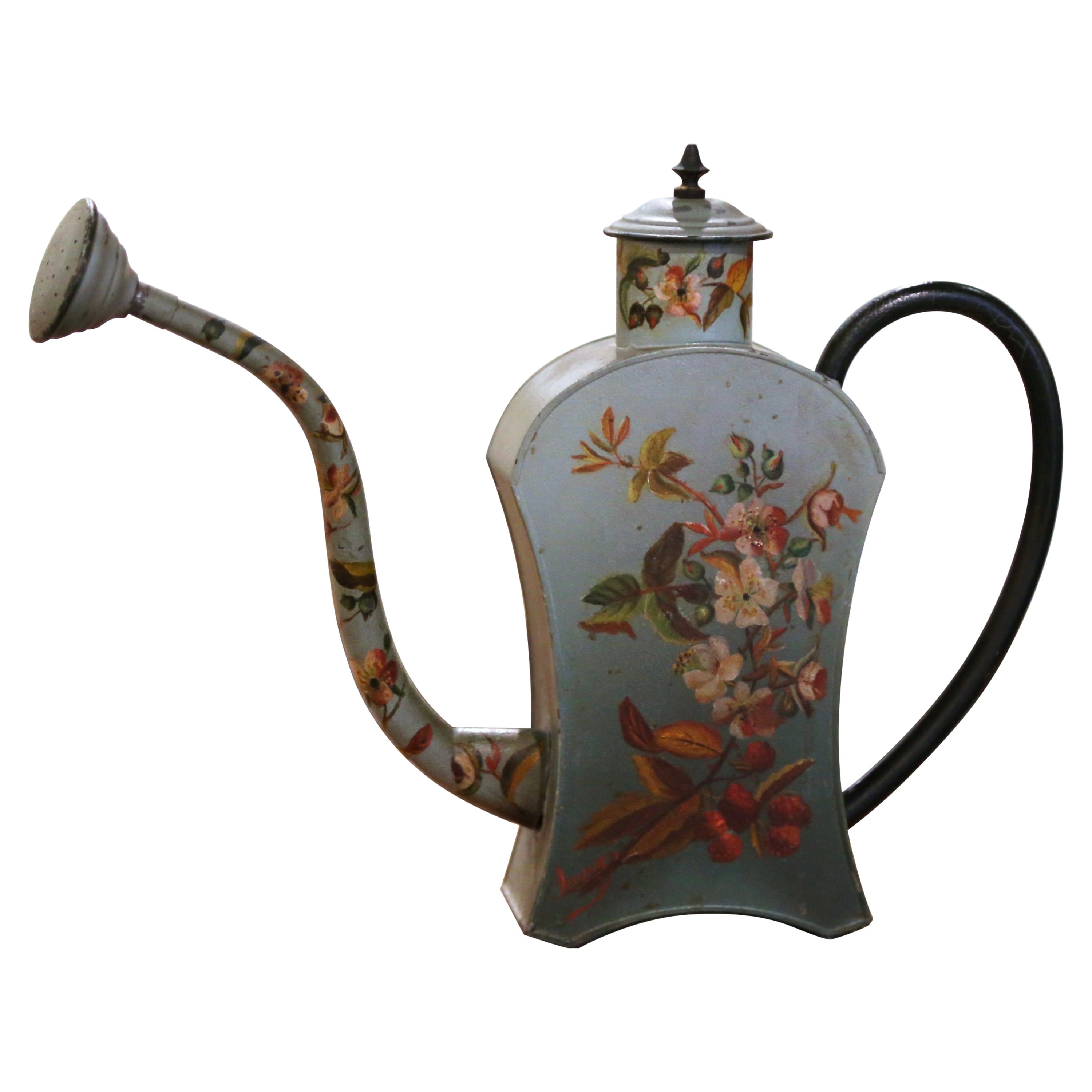 19th Century French Tole Watering Can with Floral and Plant Motifs