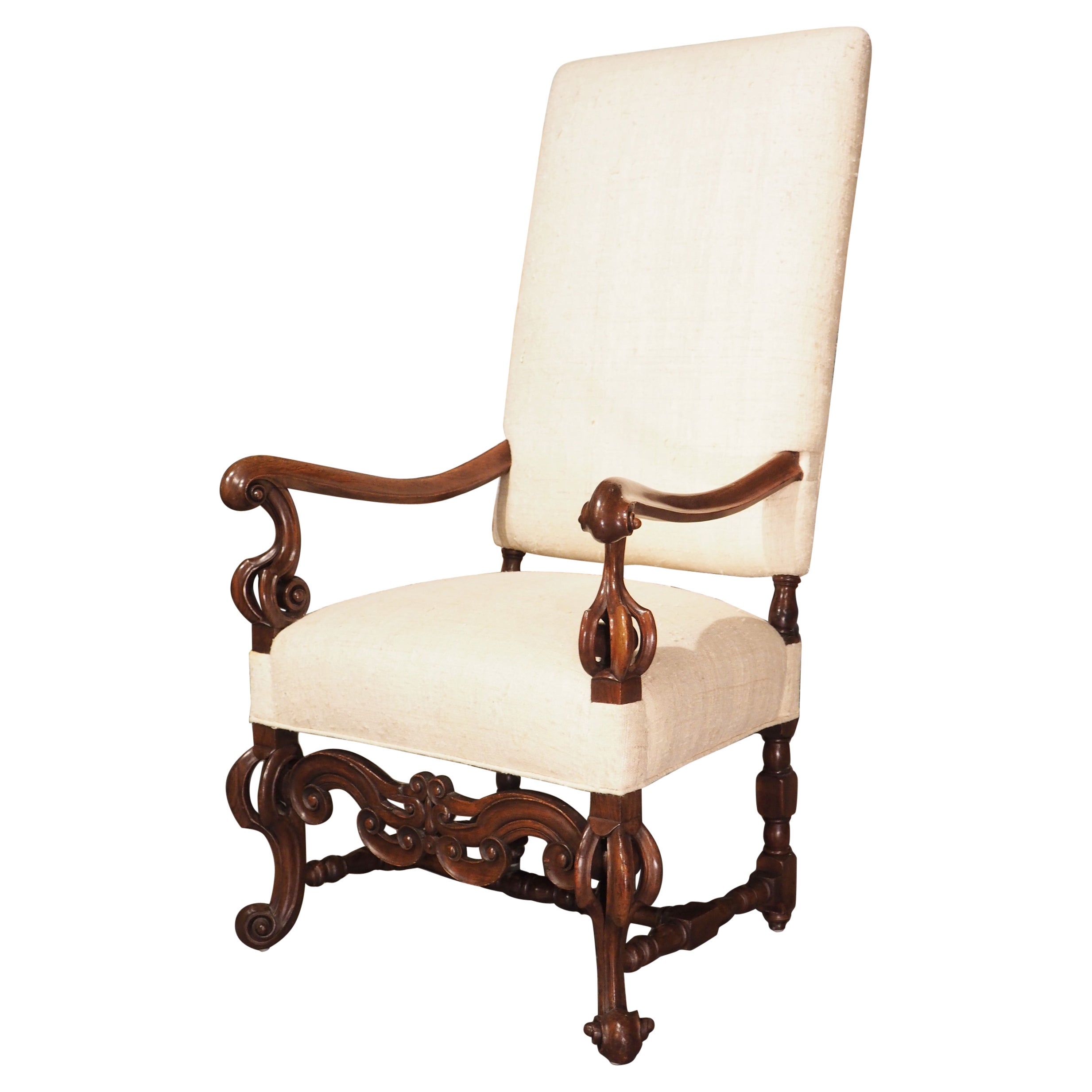 Antique Italian Walnut Wood Armchair with Raw Silk Upholstery, circa 1890 For Sale