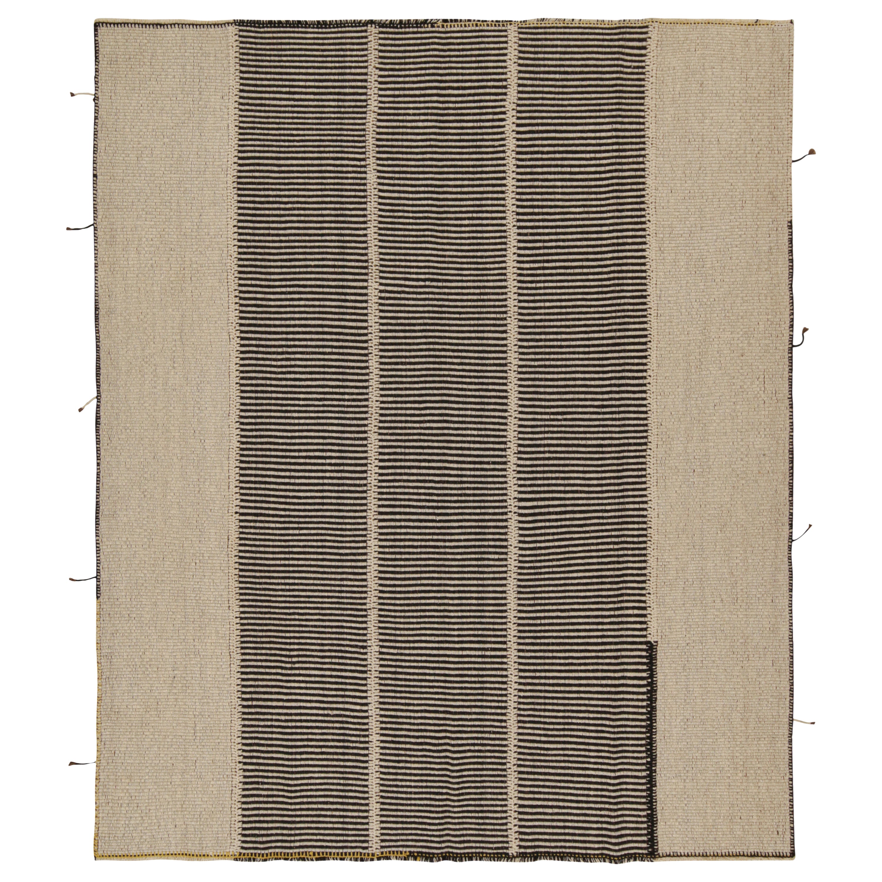 Rug & Kilim’s Contemporary Kilim in Black & Beige Stripes with Brown Accents For Sale