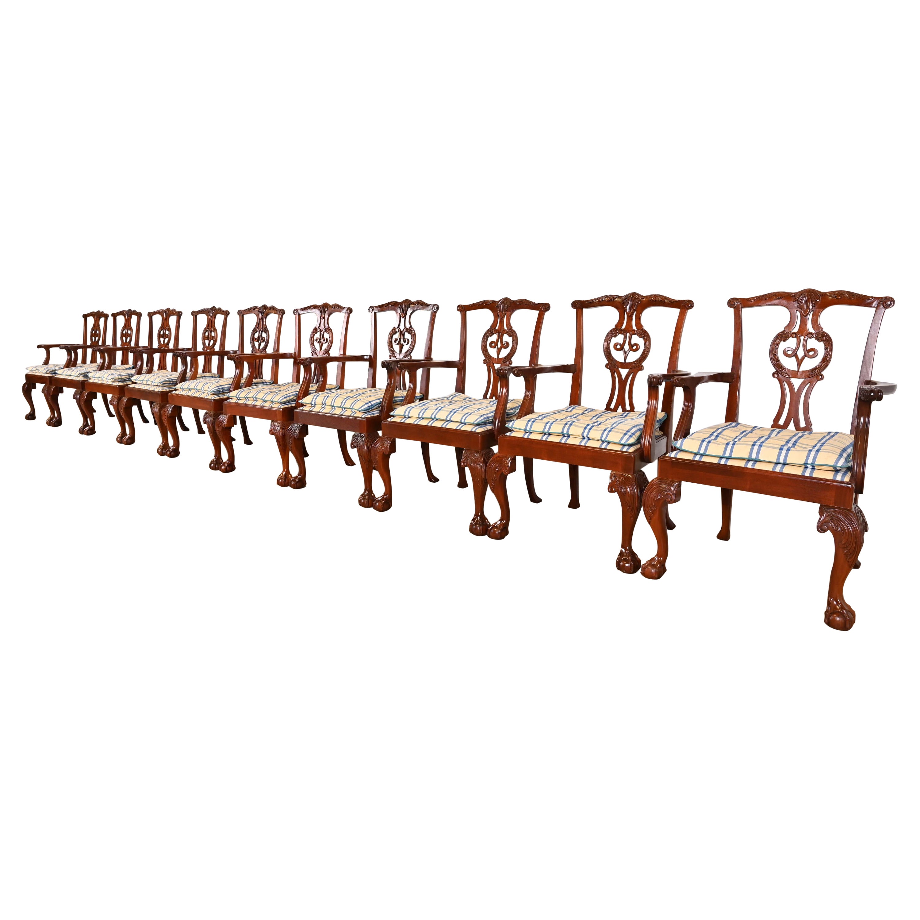 Baker Furniture Chippendale Carved Mahogany Dining Armchairs, Set of Ten For Sale