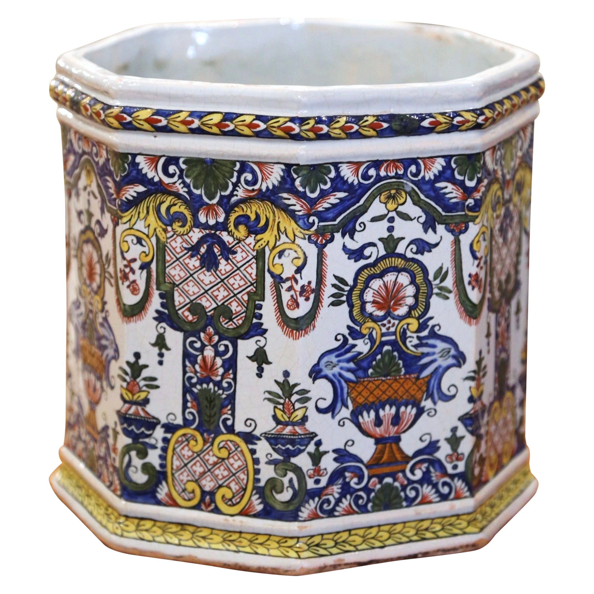 19th Century French Hand-Painted Faience Cache Pot from Desvres