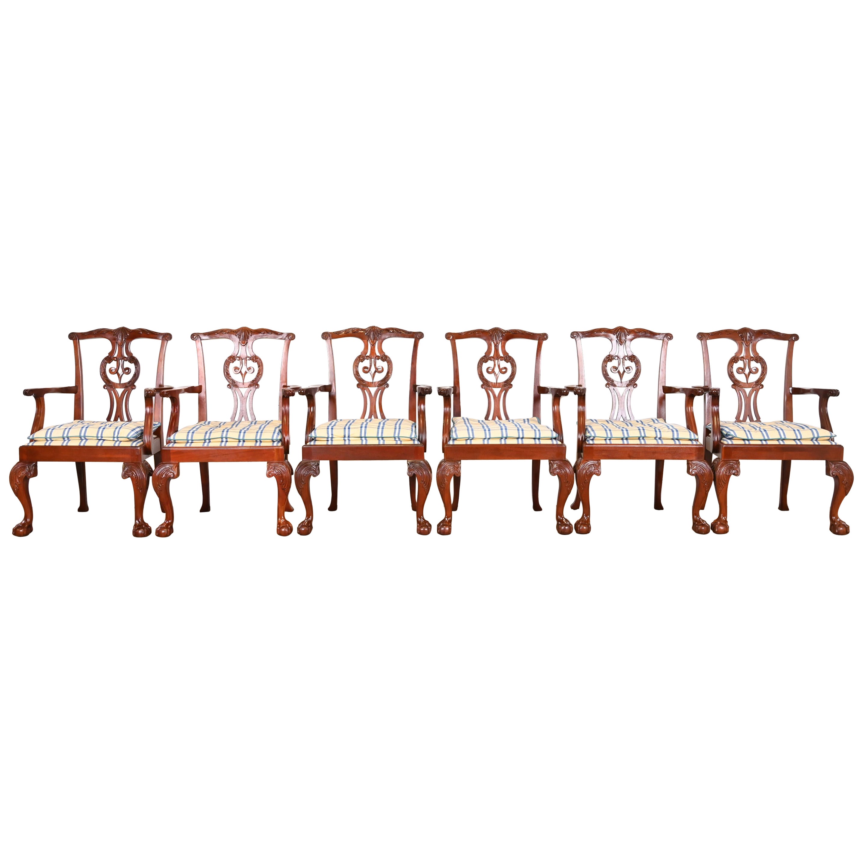 Baker Furniture Chippendale Carved Mahogany Dining Armchairs, Set of Six For Sale