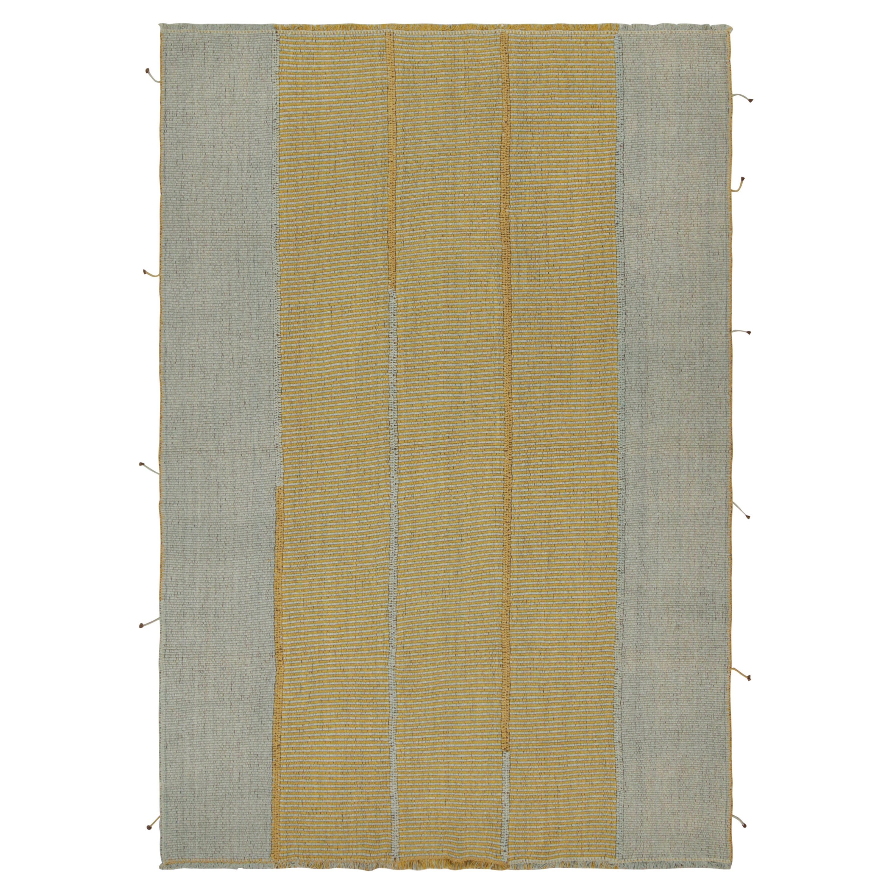 Rug & Kilim’s Contemporary Kilim in Gold and Blue with Stripes and Brown Accents For Sale