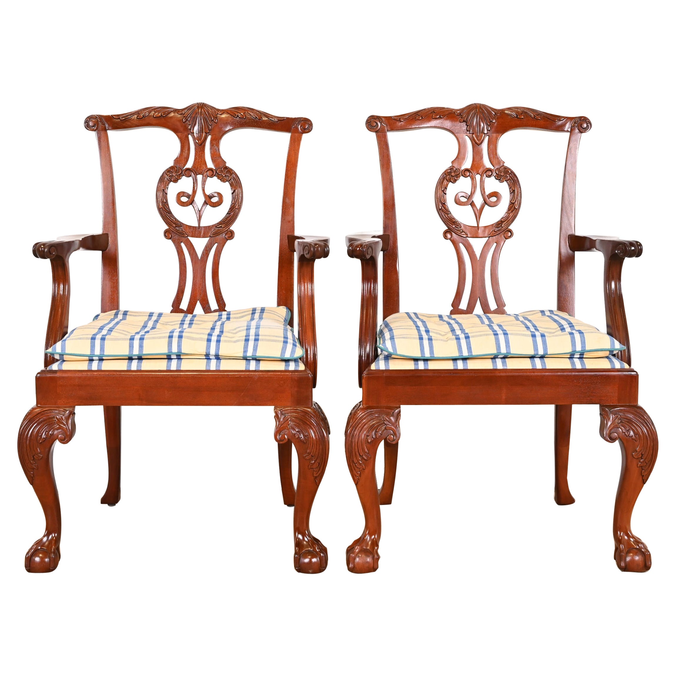 Baker Furniture Chippendale Carved Mahogany Armchairs, Pair For Sale