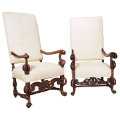 Set of His and Hers Baroque Style Carved Armchairs with Raw Silk Upholstery