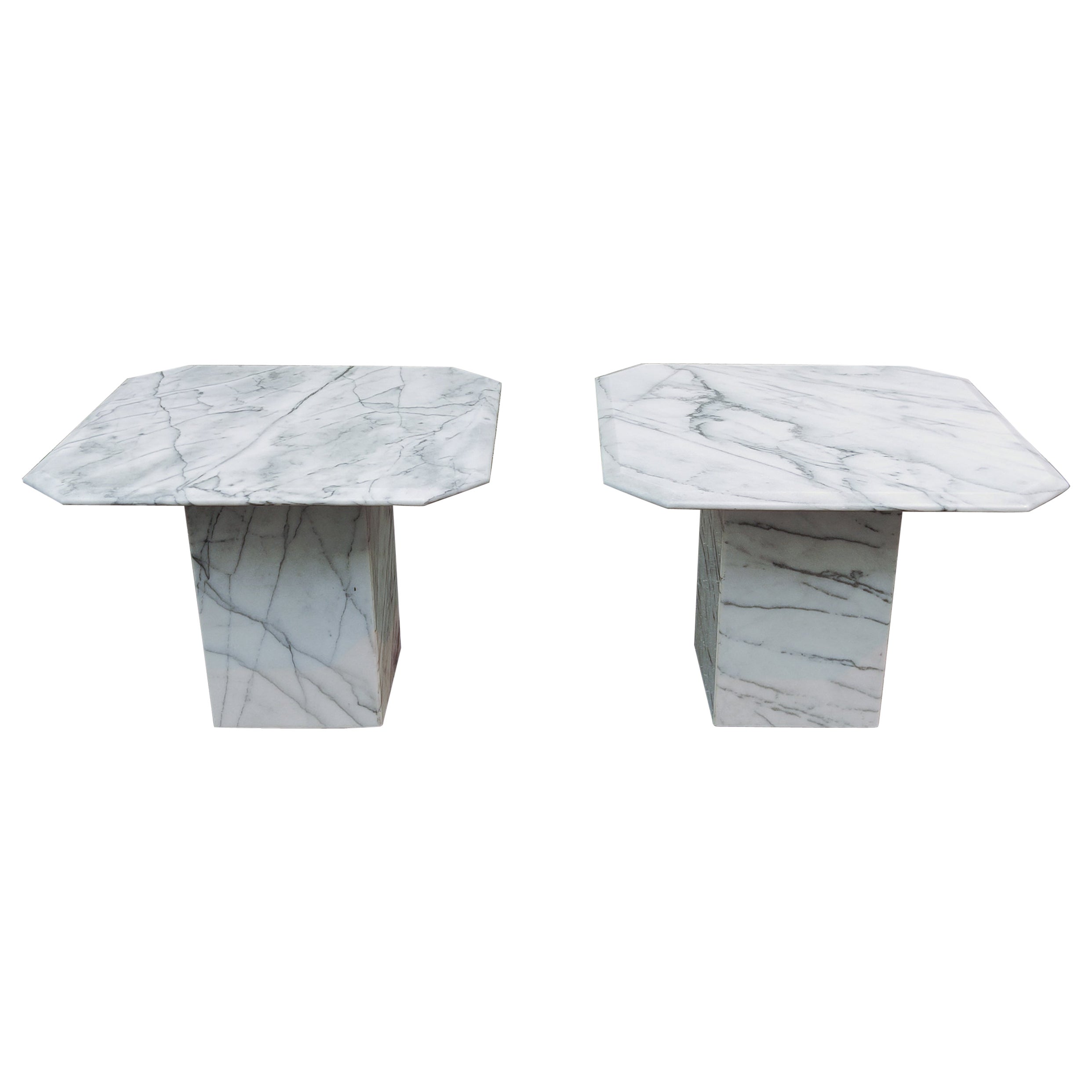 Pair of Post-Modern Italian White Marble Side Tables Grey & Black Veining