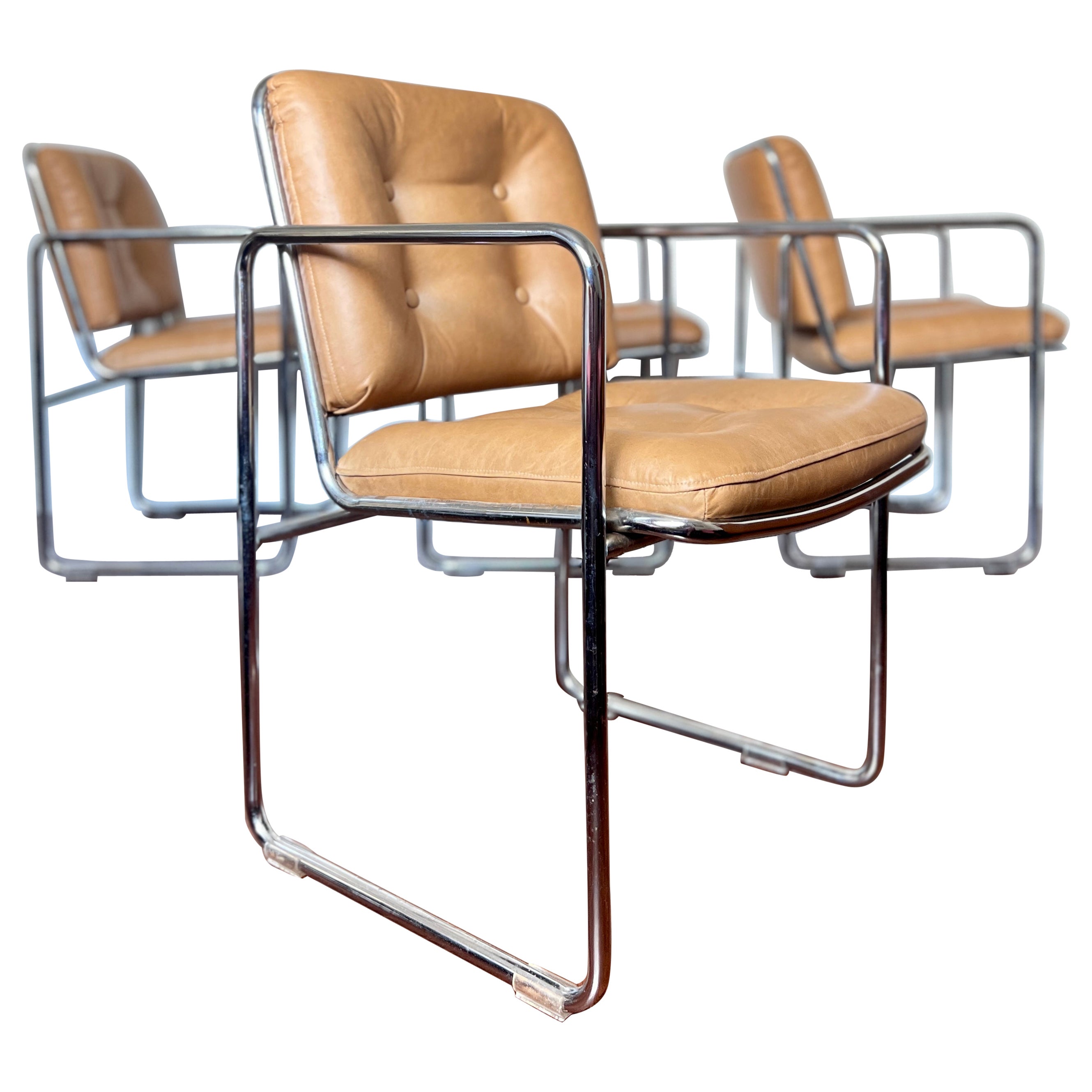 Vintage 1960s Mid-Century Modern Chrome Tubular Leather Tan Chairs by Chromcast