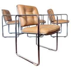 Vintage 1960s Mid-Century Modern Chrome Tubular Leather Tan Chairs by Chromcast