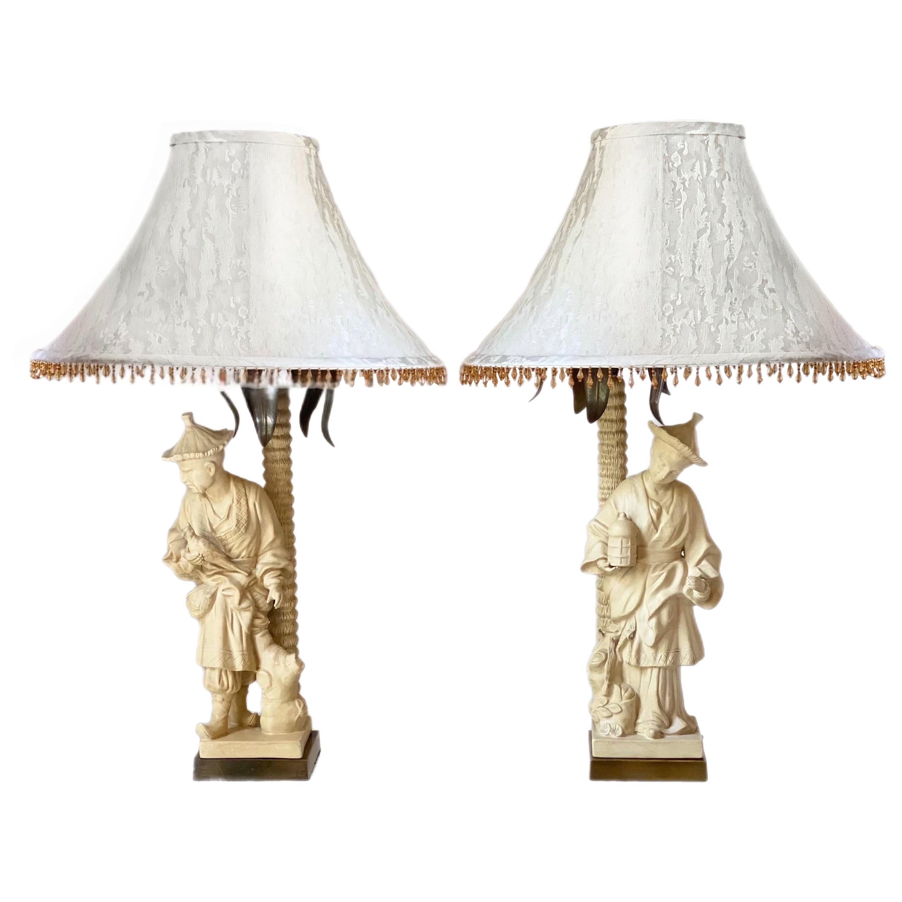 1980s Chapman Chinoiserie Ceramic, Brass and Bronze Figural Table Lamps - a Set For Sale
