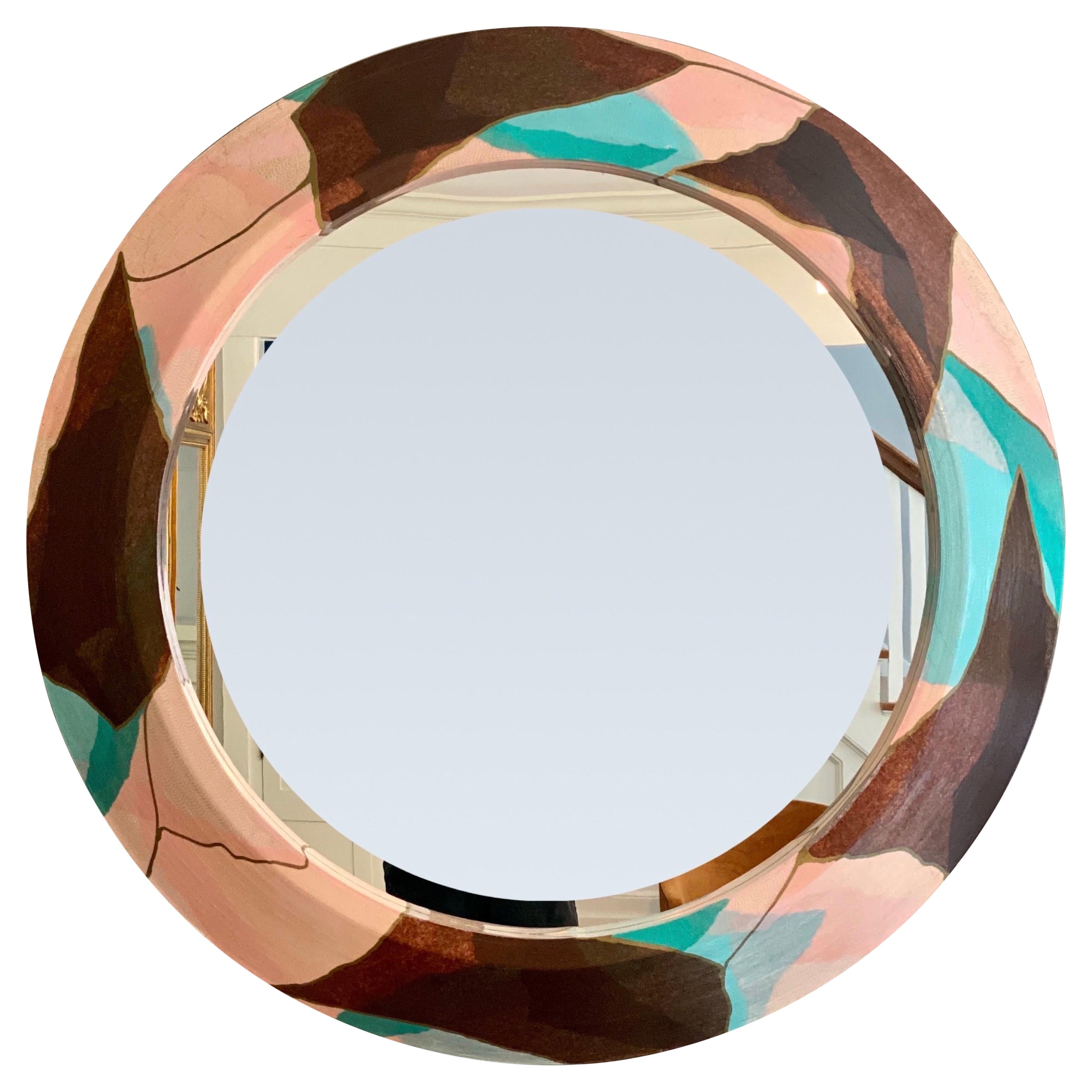 1980s Postmodern Corrugated Paper Abstract Compositions Round Wall Mirror