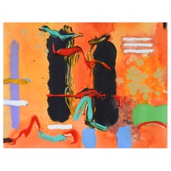Peinture expressionniste abstraite orange et noire de la fin du 20e siècle