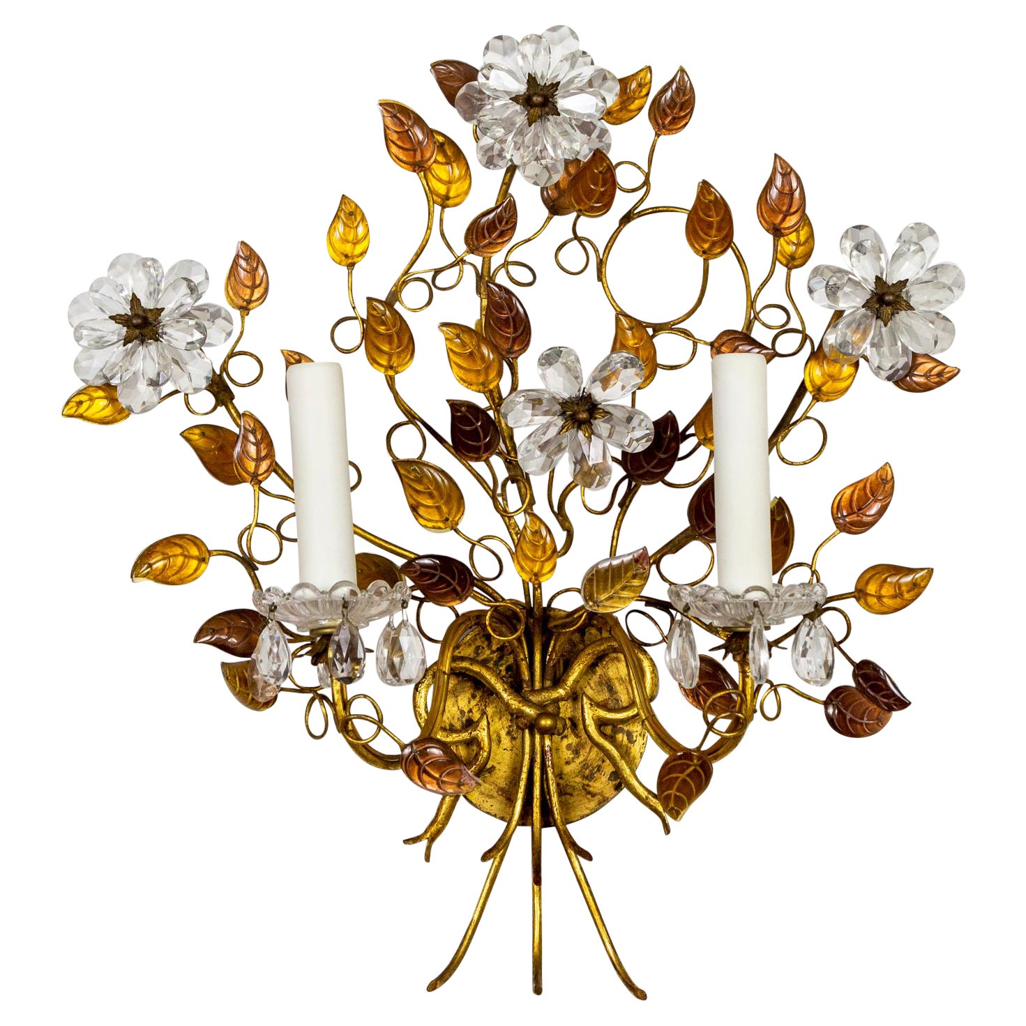 Maison Baguès Vergoldeter Wandleuchter mit 2 Lichtern aus bernsteinfarbenem Kristall mit Blättern und Blumenstrauß 