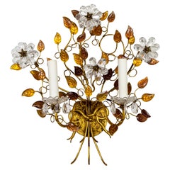 Maison Baguès Gilded 2-Light Amber Crystal Leaves & Flower Bouquet Sconce 