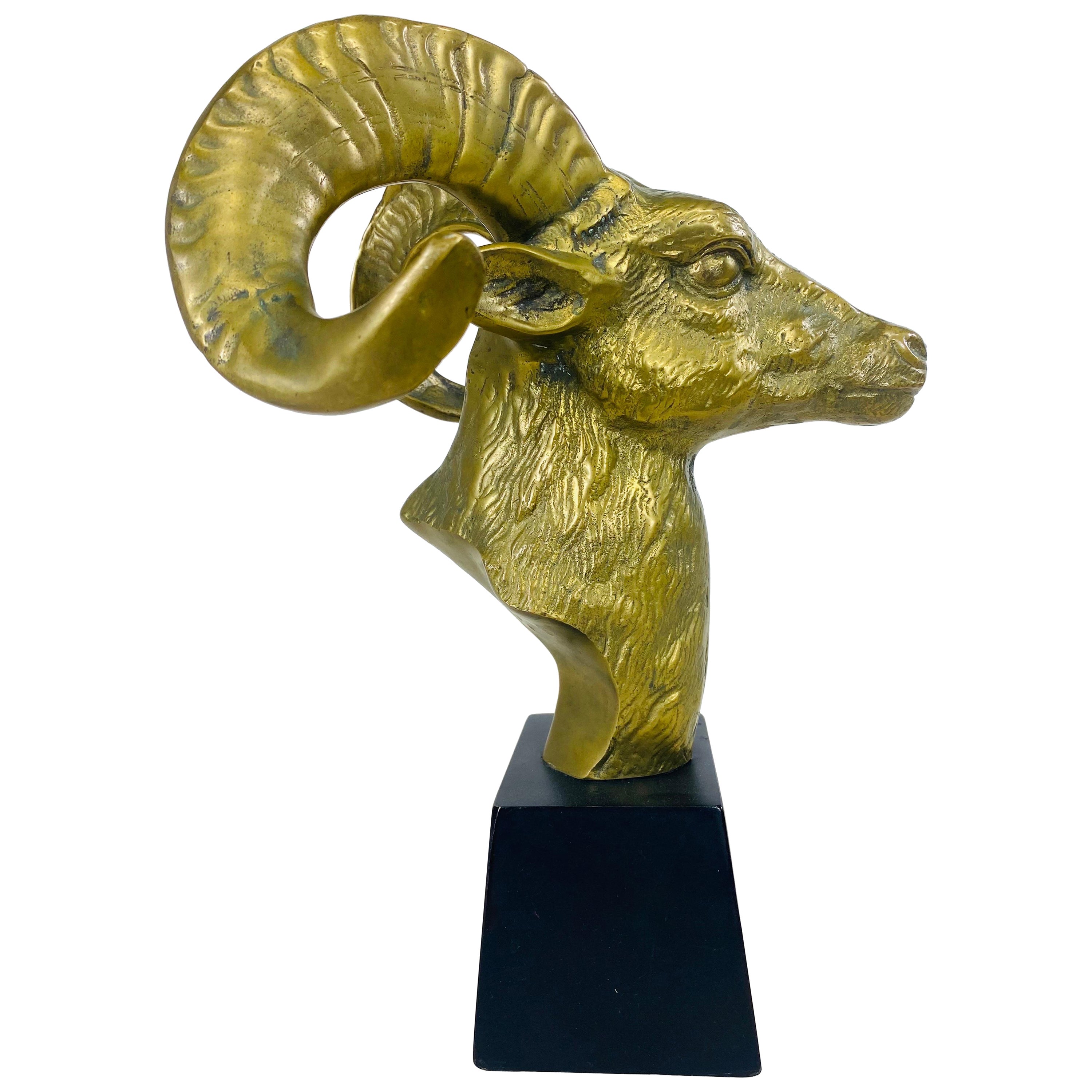 Midcentury Vintage Solid Brass Ramshead Bust