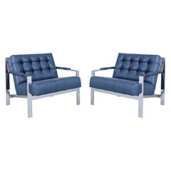 Vintage Leather and Chrome Biscuit Tufted Lounge Chairs by Cy Mann