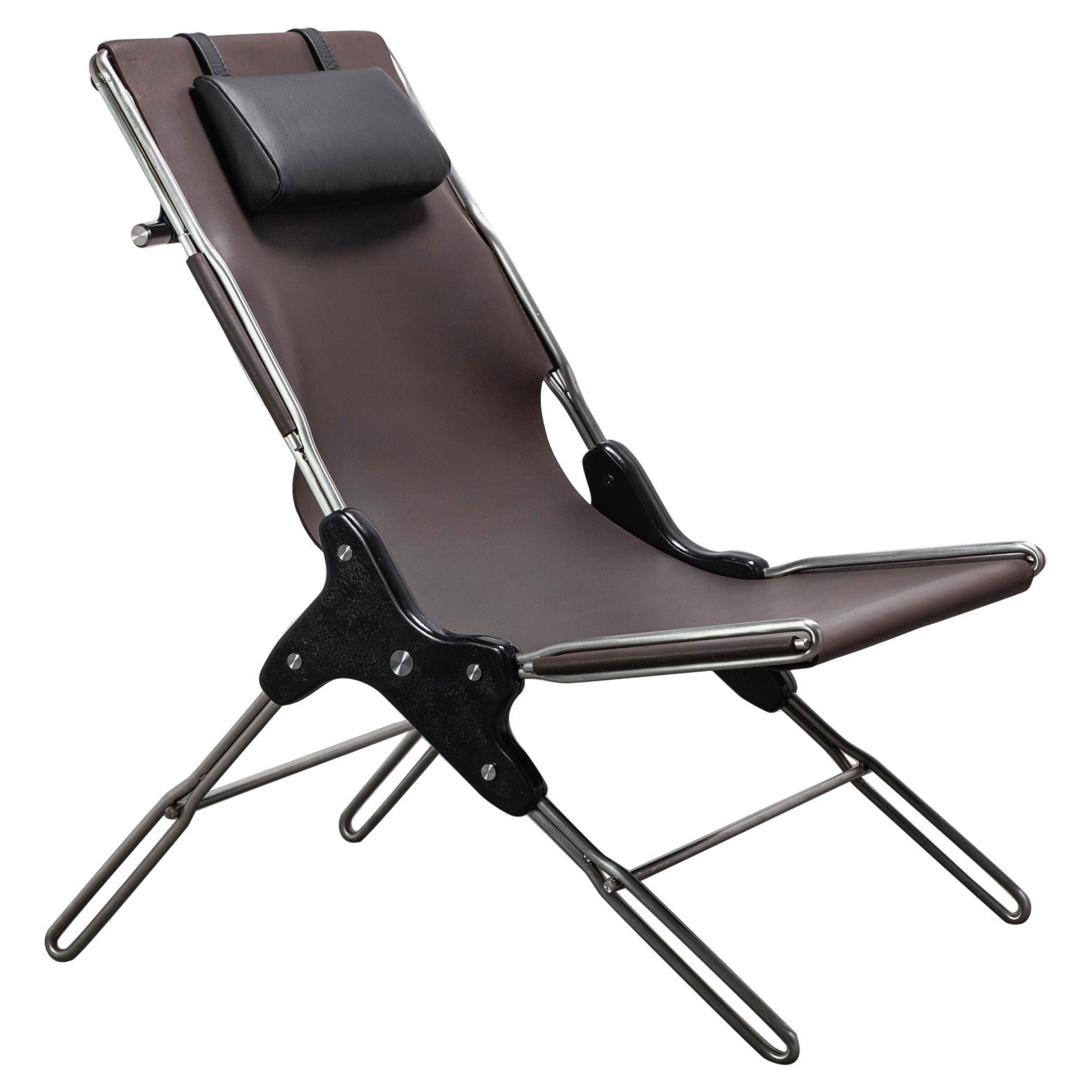 PERFIDIA_01 Brown Thick Leather Sling Lounge Chair in Stainless Steel by ANDEAN For Sale