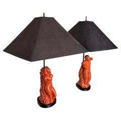 Midcentury Vermillion Hand-Sculpted Figurative Table Lamps, a Pair, 1950s