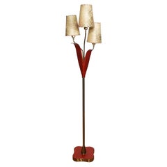 Retro MCM Red Metal Floor Lamp with Leaves and Petals