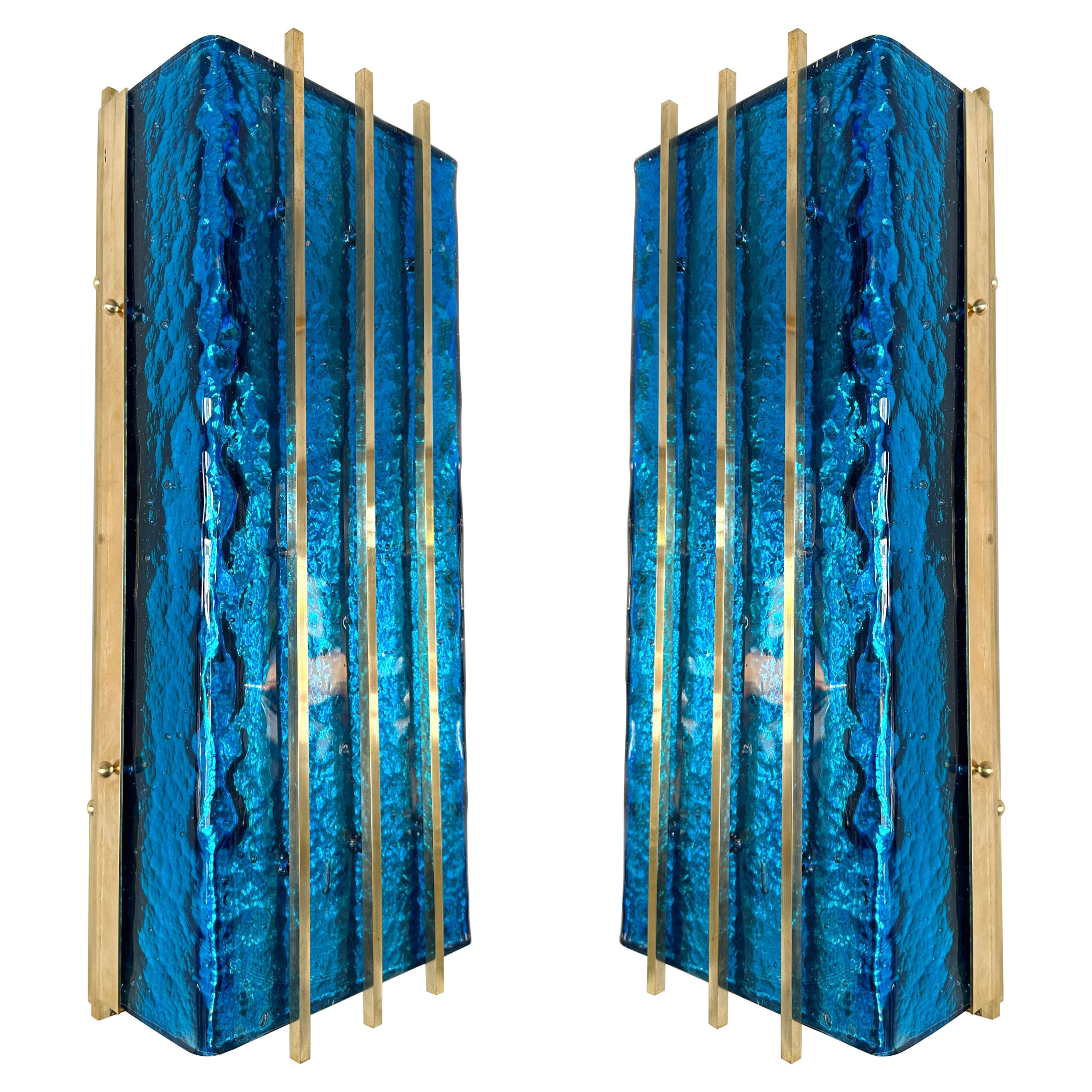Contemporary Pair of Brass and Blue Murano Glass Sconces, Italy For Sale